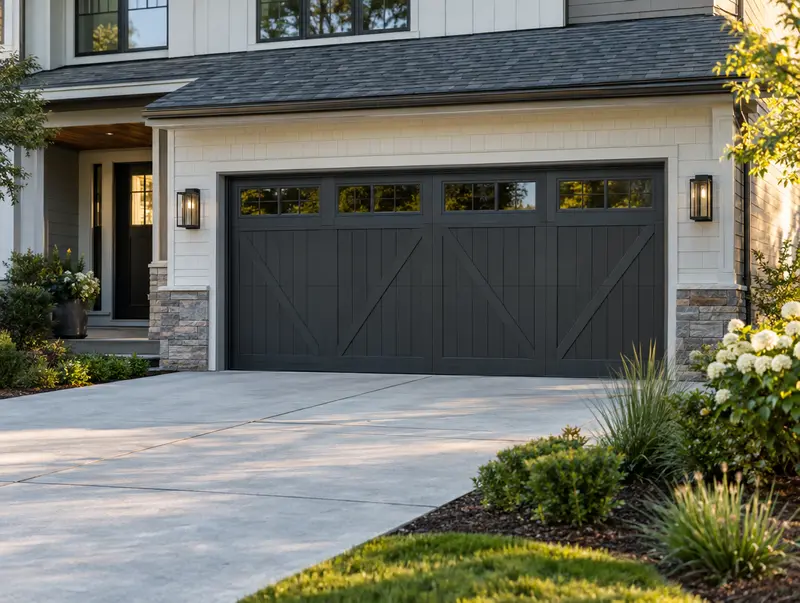 A newly installed charcoal carriage-style garage door