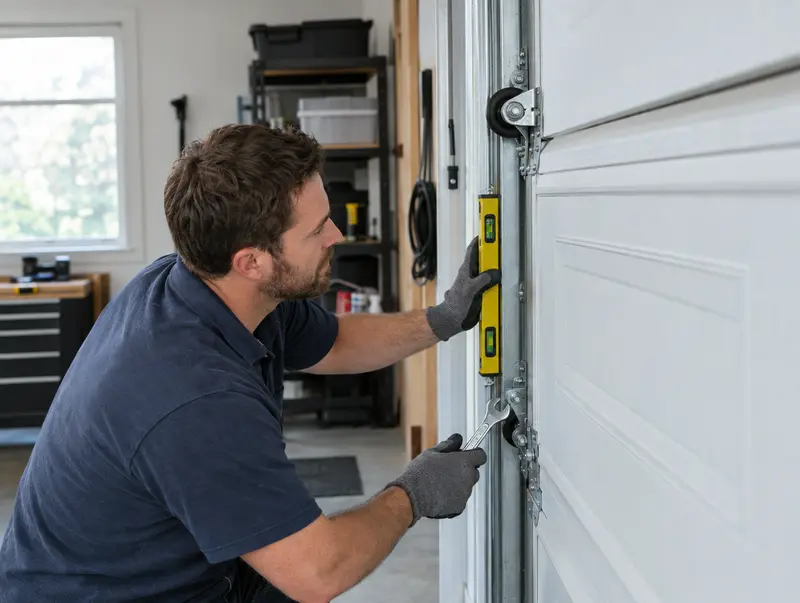 Technician realigning a garage door track with a level