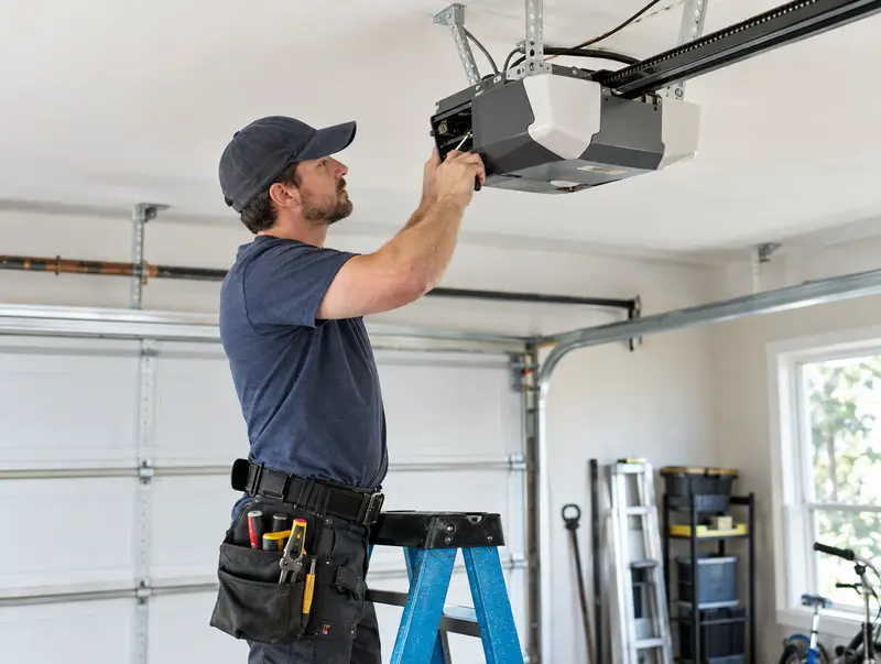 Technician servicing a ceiling-mounted garage door opener