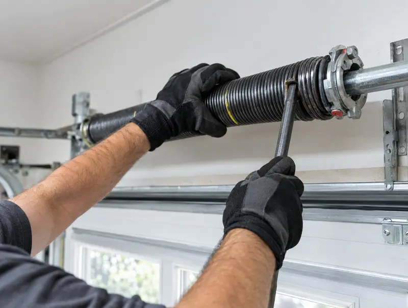 Technician winding a new torsion spring above a garage door