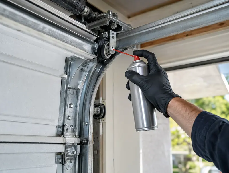 Technician lubricating garage door rollers and hinges