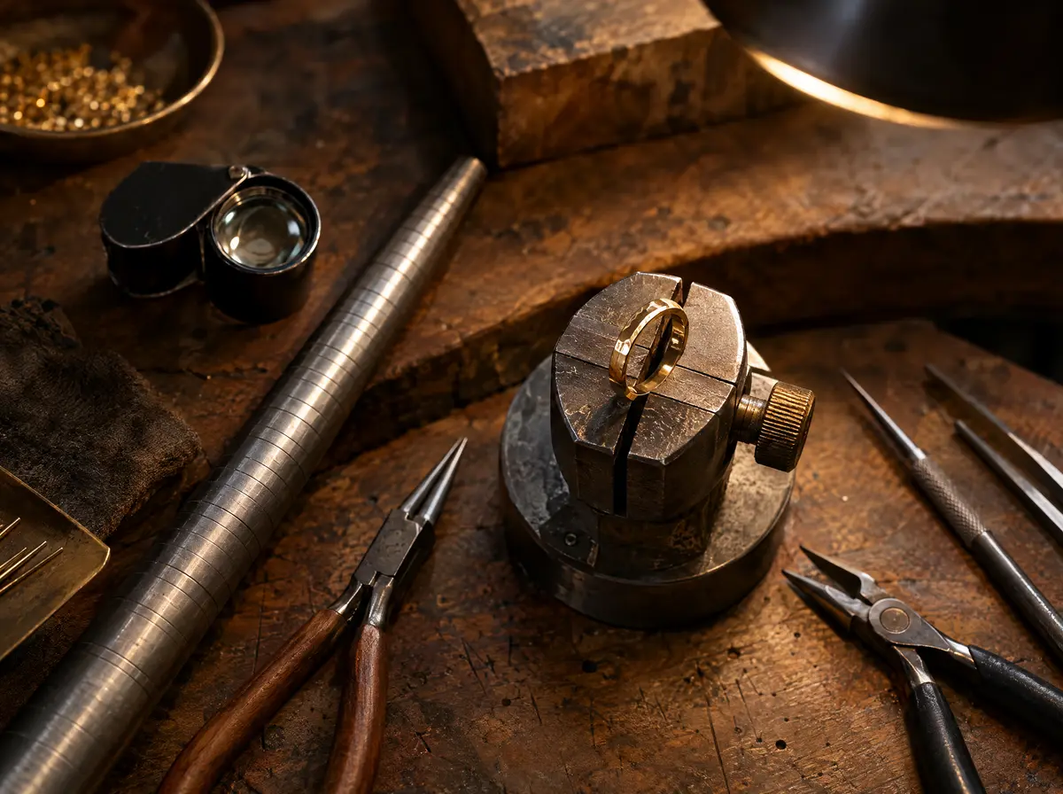 A jeweler's workbench with fine tools